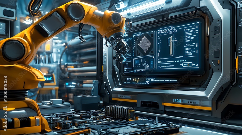 Fototapeta premium A futuristic industrial robot attaching heat sinks to motherboards while diagnostic screens display progress under ambient lighting