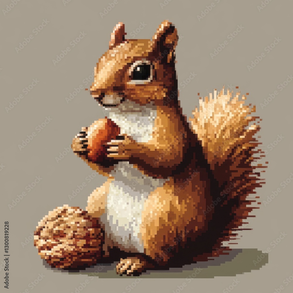 Obraz premium Pixelated Squirrel Holding Nut Near Walnuts