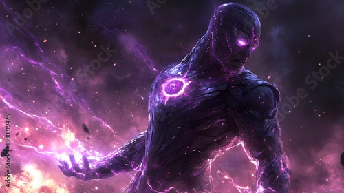 Powerful Cosmic Hero Surrounded by Purple Energy and Light Effects