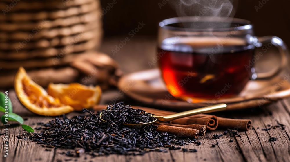 A rustic wooden table adorned with loose black tea leaves spilling from a vintage brass spoon. A steaming teacup sits nearby, with cinnamon sticks and dried orange slices adding wa A rustic wooden table adorned with loose black tea leaves spilling from a vintage brass spoon. A steaming teacup sits nearby, with cinnamon sticks and dried orange slices adding wa