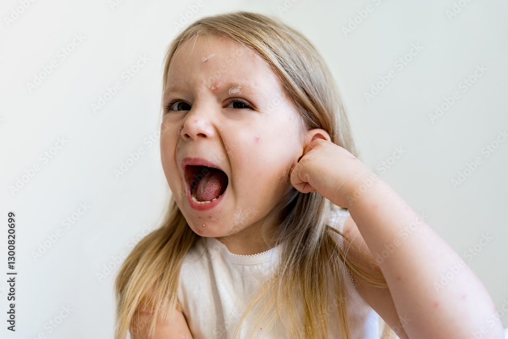 Scared and sad little girl child with viral rash from chickenpox lying in bed. Chickenpox disease, smeared with antiseptic. Children's diseases. Scared and sad little girl child with viral rash from chickenpox lying in bed. Chickenpox disease, smeared with antiseptic. Children's diseases.