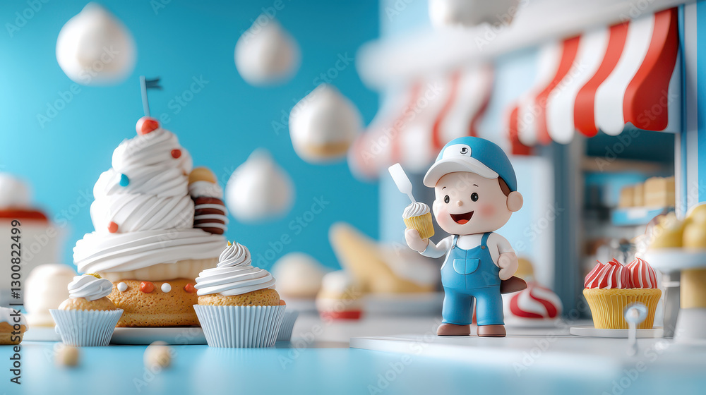 Obraz premium cheerful bakery scene with cartoon baker holding cupcake, surrounded by pastries and cakes, set against bright blue background