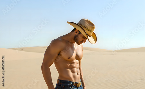 Handsome Hot Man in Cowboy Hat, Shirtless, Posing in the Desert	

