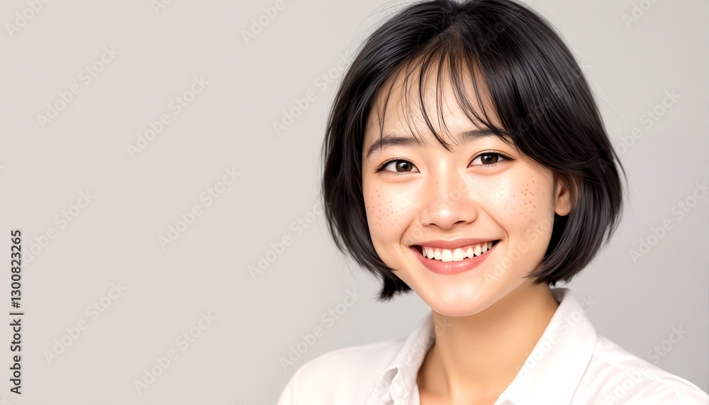 Portrait of a young woman with short black hair and bangs. Portrait of a young woman with short black hair and bangs.