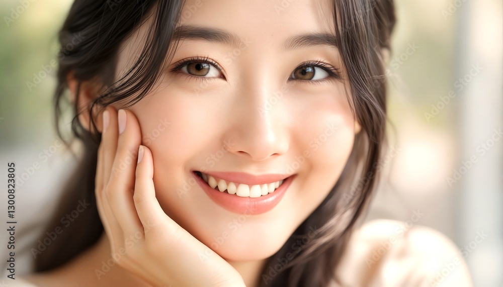 Portrait of an Asian Woman with Long Dark Hair Touching Her Face. Portrait of an Asian Woman with Long Dark Hair Touching Her Face.