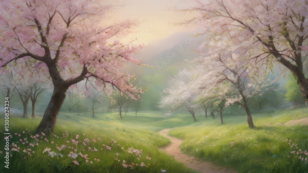 A tranquil landscape adorned with cherry blossom trees in full bloom A tranquil landscape adorned with cherry blossom trees in full bloom