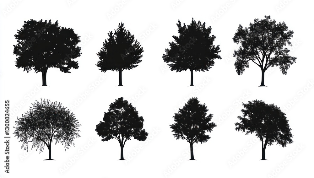 Fototapeta premium Eight diverse tree silhouettes isolated on white background.