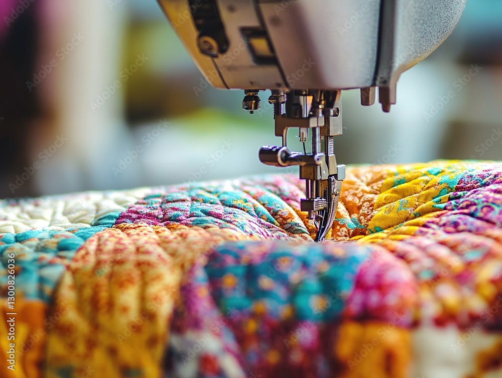 Close Up of Sewing Machine Needle Stitching Colorful Patchwork Quilt
