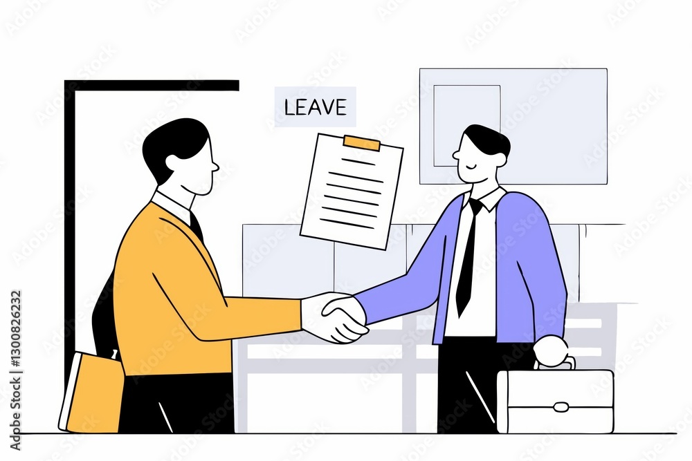 Two professionals shake hands, one submitting a leave request while the other acknowledges it, set in a modern office environment. Two professionals shake hands, one submitting a leave request while the other acknowledges it, set in a modern office environment.