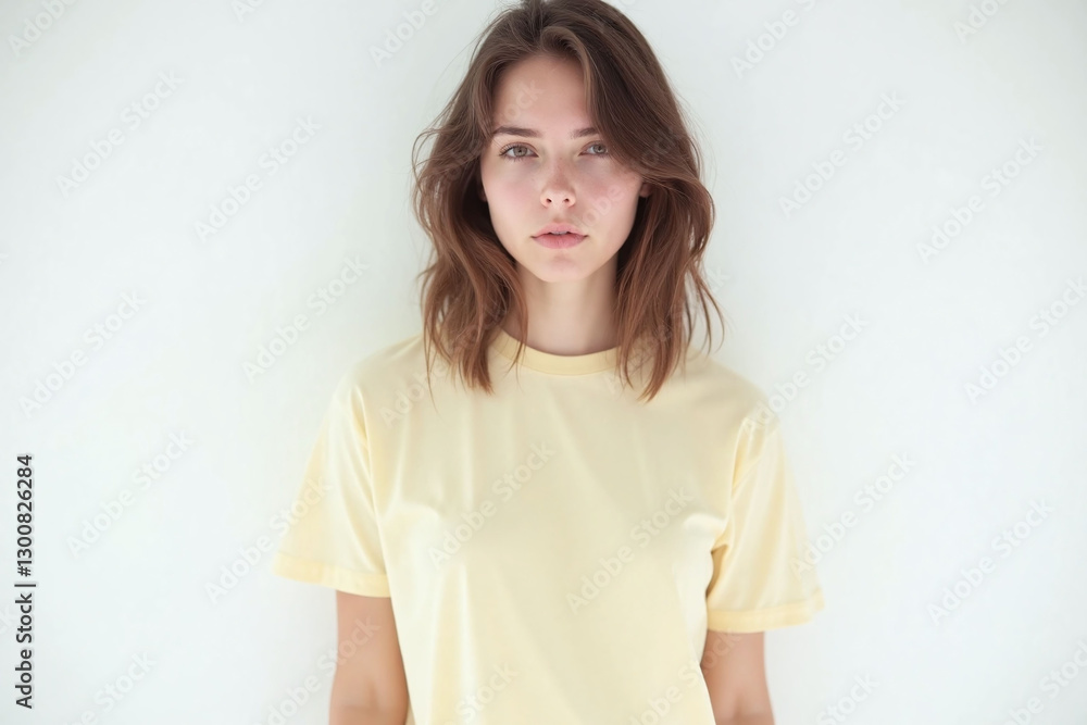 woman wearing a beige tshirt standing in front of a white wall woman wearing a beige tshirt standing in front of a white wall