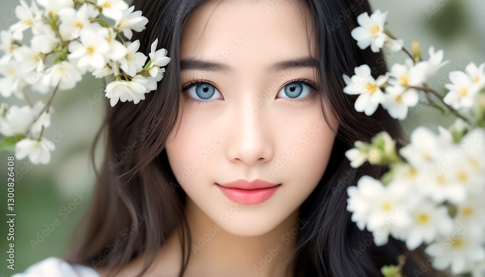 Portrait of young woman with blue eyes and white flowers.