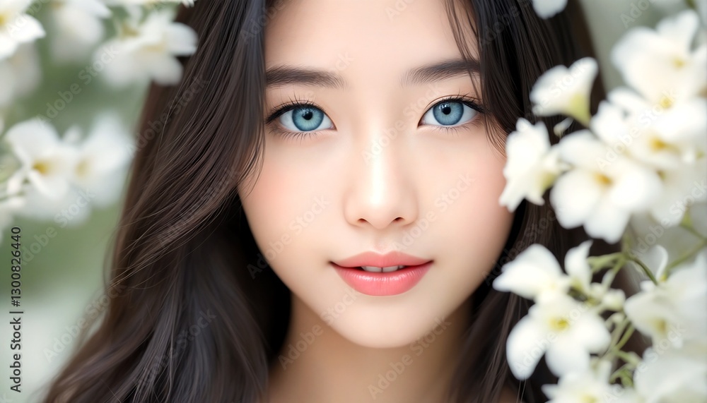 The image is a close-up portrait of an Asian woman with long dark hair and blue eyes, surrounded by white flowers. The image is a close-up portrait of an Asian woman with long dark hair and blue eyes, surrounded by white flowers.