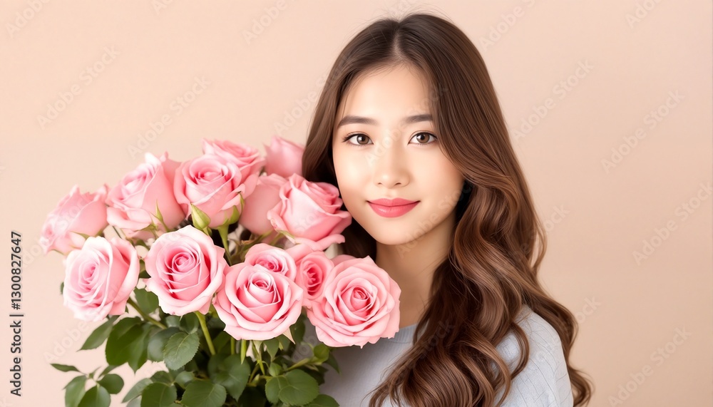A young woman with long brown hair is posing next to a bouquet of pink roses. A young woman with long brown hair is posing next to a bouquet of pink roses.