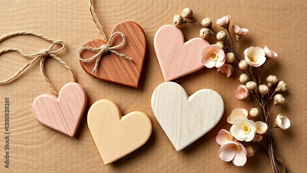 Fototapeta premium Wooden Hearts Decorations Romantic Crafts Valentines Day Home Decor Love Symbols