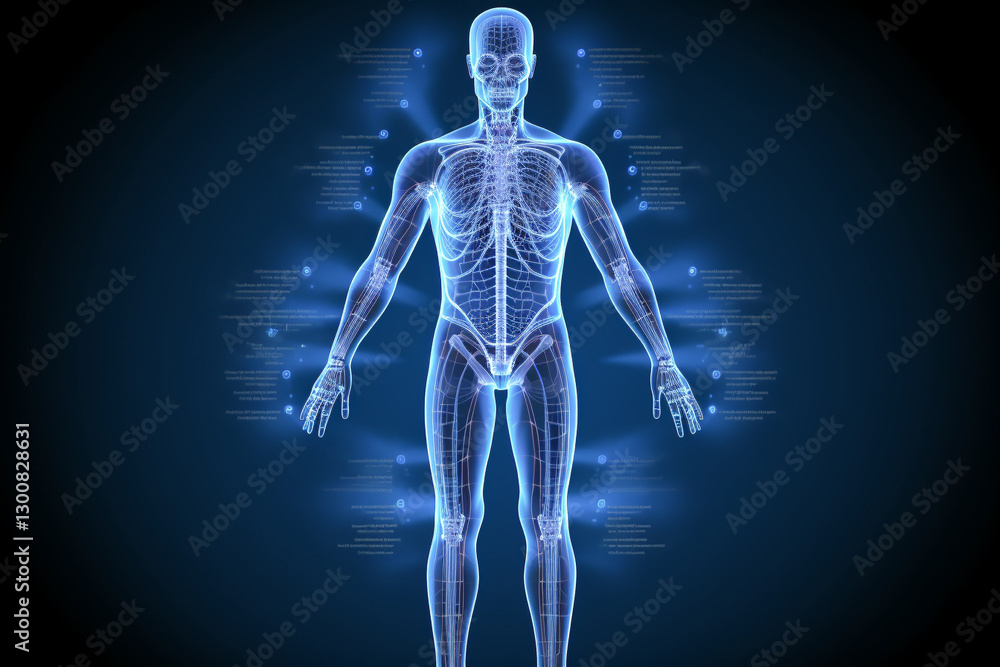 Futuristic digital human anatomy with glowing blue skeletal system and medical data interface Futuristic digital human anatomy with glowing blue skeletal system and medical data interface