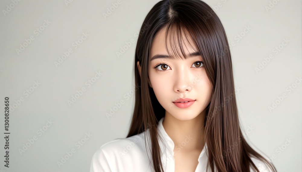 Portrait of a young asian woman with long straight hair and bangs. Portrait of a young asian woman with long straight hair and bangs.