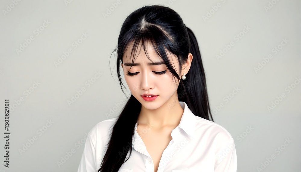Portrait of a young Asian woman with long dark hair wearing a white button-down shirt. Portrait of a young Asian woman with long dark hair wearing a white button-down shirt.