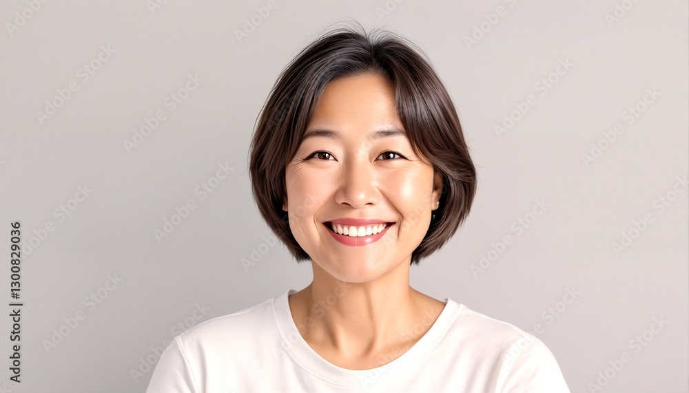 portrait of an asian woman with short hair and a white t-shirt. portrait of an asian woman with short hair and a white t-shirt.