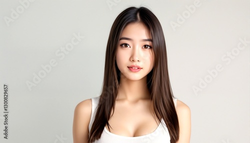 A young Asian woman with long brown hair and a white tank top.