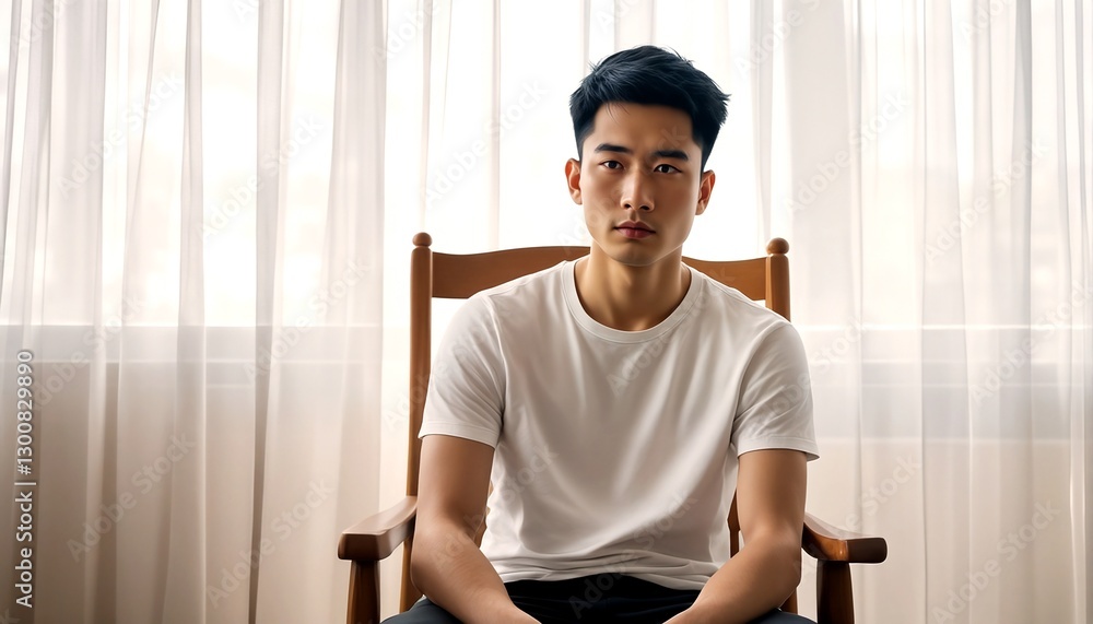 Obraz premium A young man sits on a wooden chair near a window with white curtains.