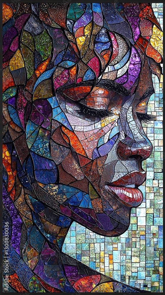 Fototapeta premium A vibrant, abstract close-up of a woman's face adorned with a stunning mosaic pattern, featuring a blend of bright colors and intricate shapes that create a captivating visual effect.