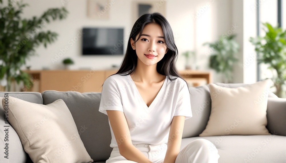 A young woman with long black hair wearing white pants and a white top is sitting on a gray couch, smiling at the camera. A young woman with long black hair wearing white pants and a white top is sitting on a gray couch, smiling at the camera.