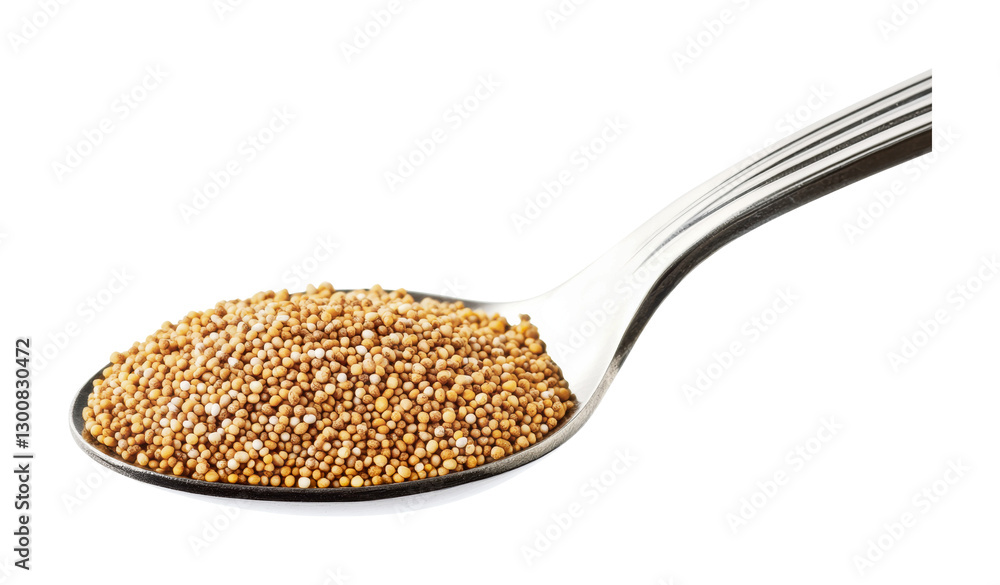 Mustard seeds on a silver spoon with a white background perfect for cooking and culinary use in various dishes and recipes, cut out Mustard seeds on a silver spoon with a white background perfect for cooking and culinary use in various dishes and recipes, cut out