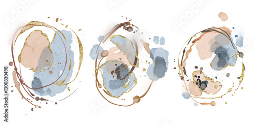 Watercolor abstract arrangement of blue, red, and gold on a white background