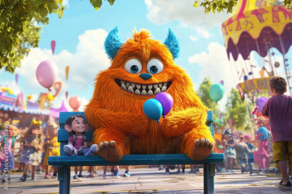 Naklejka premium Friendly fluffy orange monster with blue horns sitting on a bench at a lively carnival, holding balloons and smiling next to a delighted child
