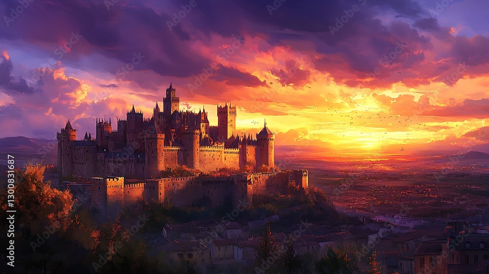 Obraz premium Carcassonne's medieval fortress shimmering in golden light under twilight, with the last rays of sunlight painting the sky in deep purples and oranges, and distant hills adding depth to the scene,