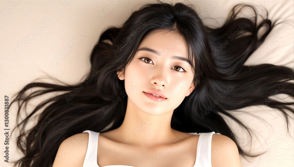 Asian woman with long black hair laying down. Asian woman with long black hair laying down.
