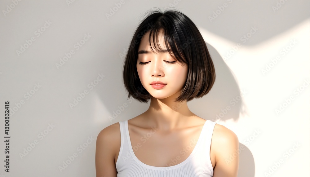Portrait of a young Asian woman with short hair and bangs wearing a white tank top. Portrait of a young Asian woman with short hair and bangs wearing a white tank top.