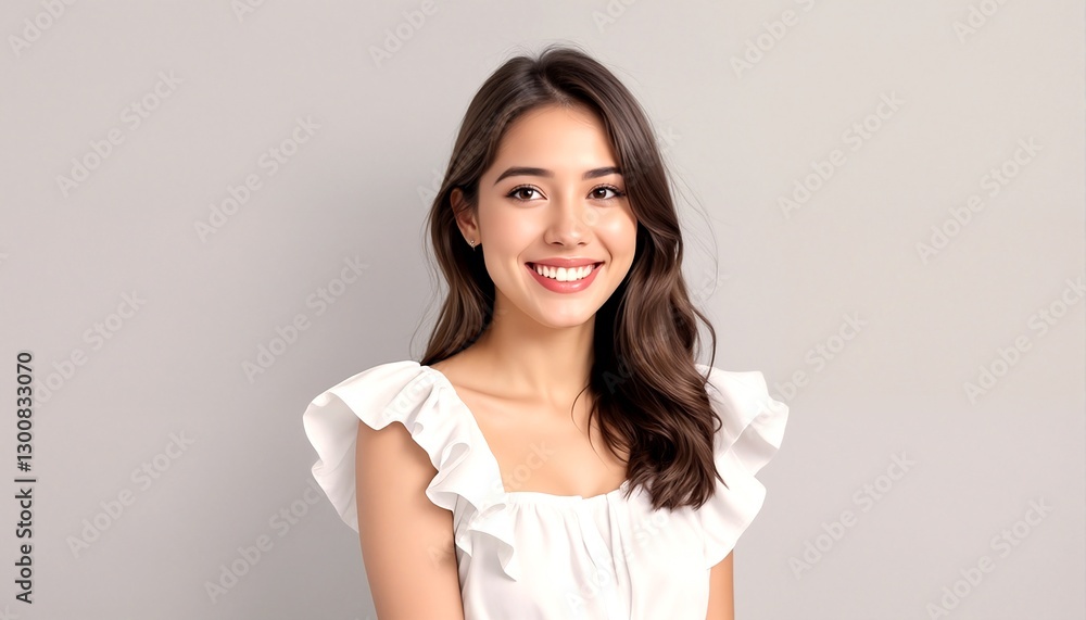 The image features a young woman with long brown hair and a white top. The image features a young woman with long brown hair and a white top.