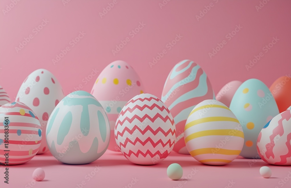 Colorful Easter Eggs with Different Patterns on a Pink Background, 3D Rendering Illustration for Easter Day Poster, Greeting Card, and Advertising Colorful Easter Eggs with Different Patterns on a Pink Background, 3D Rendering Illustration for Easter Day Poster, Greeting Card, and Advertising