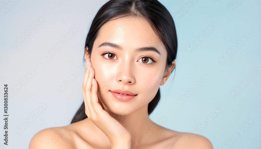 Asian woman with bare shoulders and black hair pulled back. Asian woman with bare shoulders and black hair pulled back.