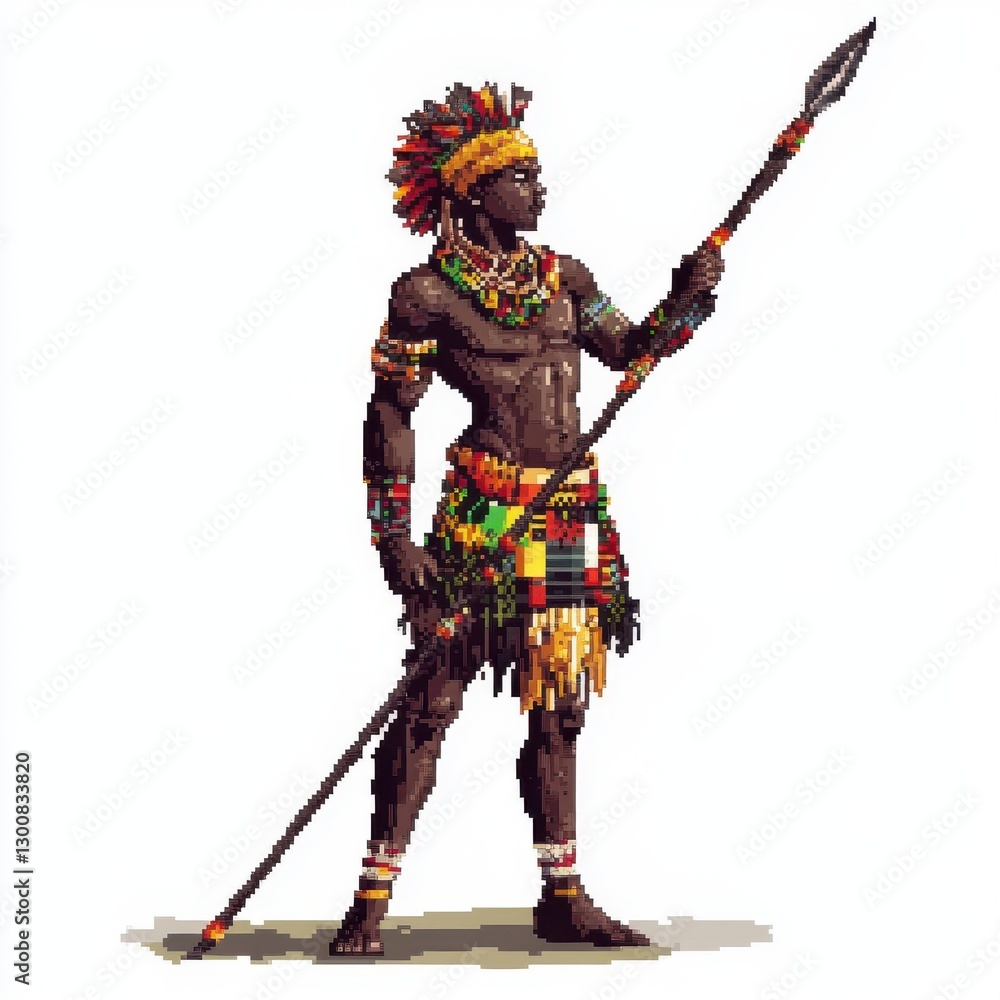Naklejka premium African Warrior with Spear Stands Proudly