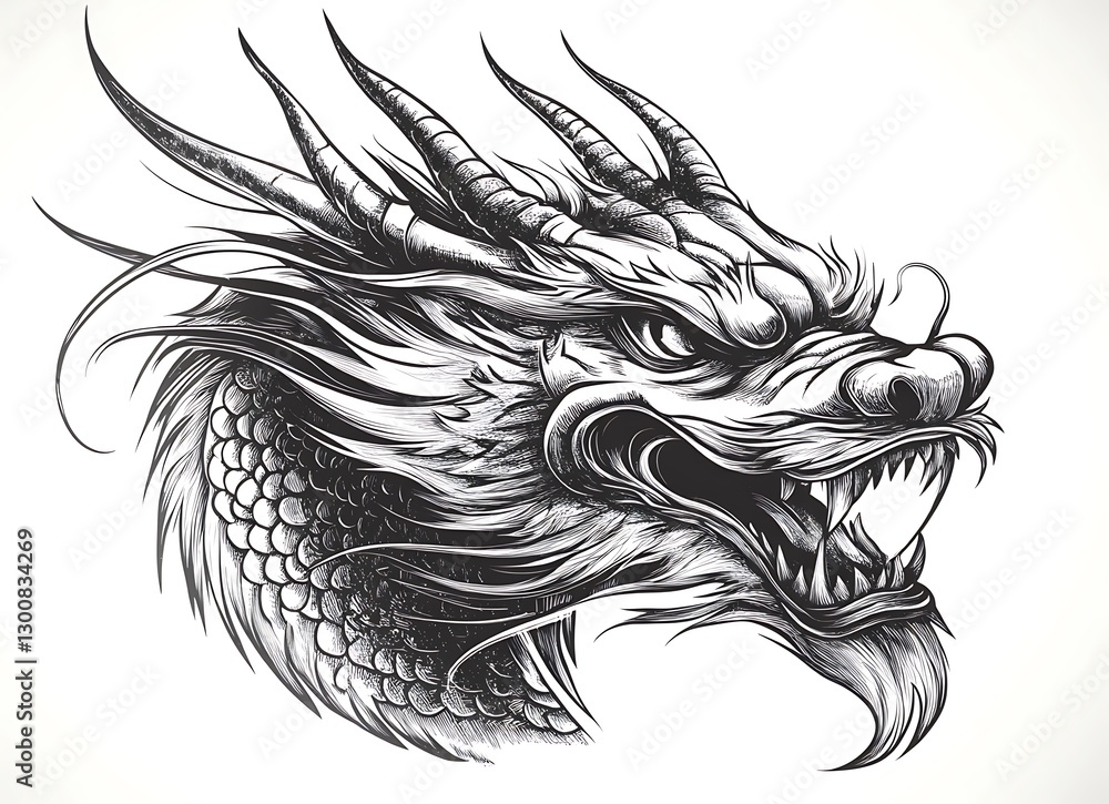 Intricate Black and White Line Drawing of a Fierce Dragon Head Intricate Black and White Line Drawing of a Fierce Dragon Head