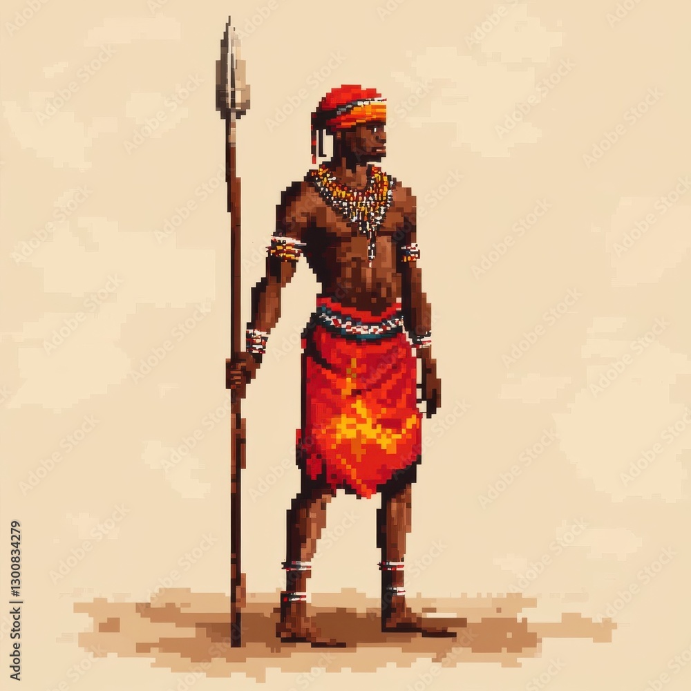 Obraz premium African Warrior Holding a Spear Dressed in Red