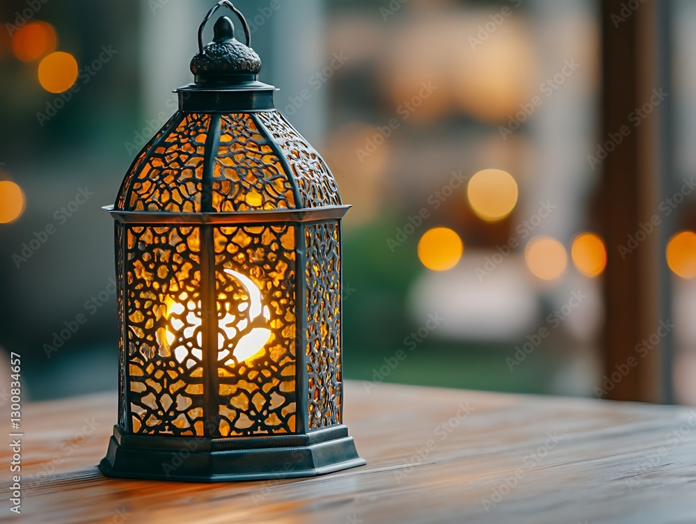 Illuminated lantern on table, bokeh in background, for decor Illuminated lantern on table, bokeh in background, for decor