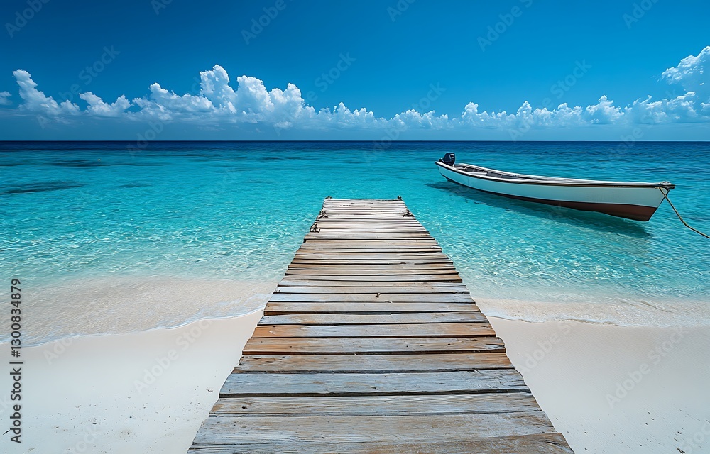 Serene White Sand Beach with Crystal Clear Blue Water and Dock Serene White Sand Beach with Crystal Clear Blue Water and Dock
