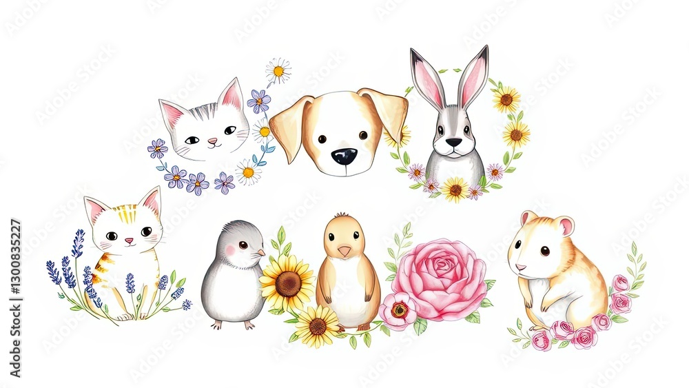 Naklejka premium Adorable Pets Flowers Cute Animal Illustrations