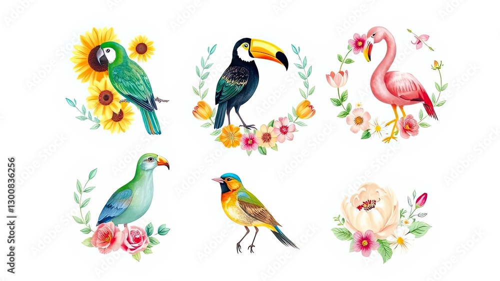 Obraz premium Tropical Birds Flowers Watercolor Illustration Nature Exotic Avian Wildlife Sunflowers Roses