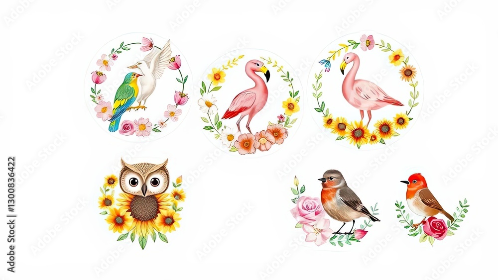 Floral Bird Wreath Designs Flamingo Owl Robin Parrot Illustrations Floral Bird Wreath Designs Flamingo Owl Robin Parrot Illustrations