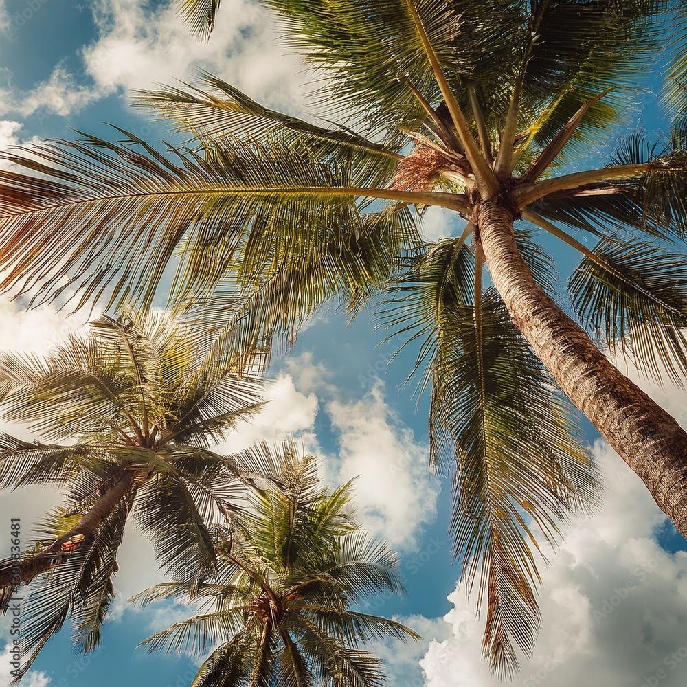 Fototapeta premium palm trees, coconut trees shot from below against a cloud filled sky, environment day, earth day, trees 