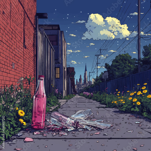 Urban Street Vector with Broken Bottle, Flowering Plants, Brick Wall, and City Skyline Under Cloudy Night Sky - A Vivid Illustration of Urban-Life Contrasts
