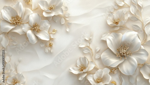 Elegant 3D white flowers and gold accents on textured background.