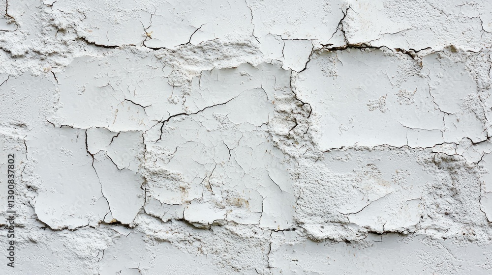 Obraz premium Cracked white wall texture with peeling paint, showcasing a rustic and weathered appearance suitable for backgrounds and design projects