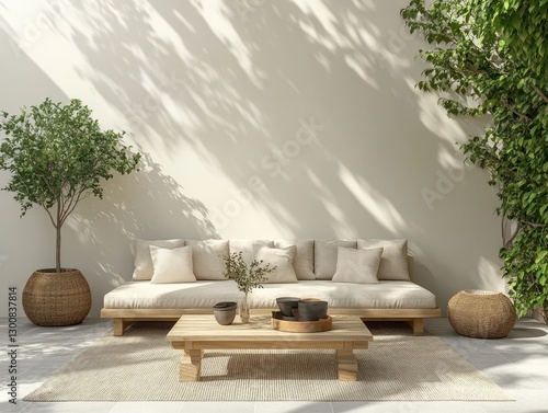 A tranquil outdoor living area with plants and furniture