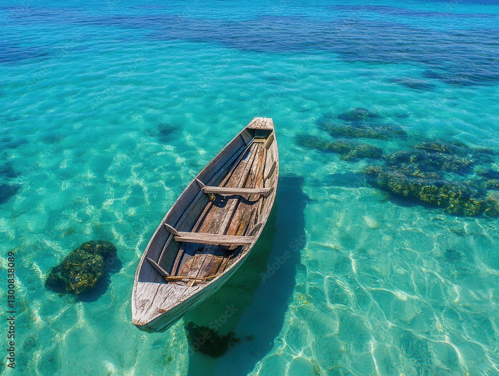 Obraz premium Lone wooden boat gently floating in a pristine lagoon at midday under a vibrant blue sky. Generative AI