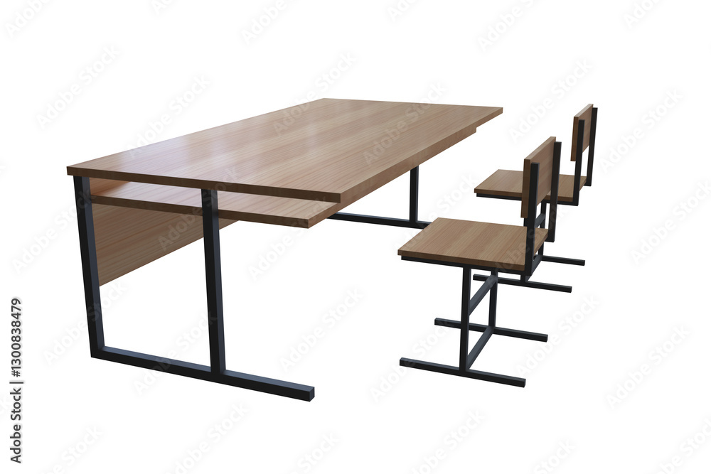 School desk with two chairs. Side view. 3D render. School desk with two chairs. Side view. 3D render.